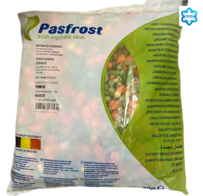 Pasfrost frozen Mix Vegetables(Sweet corn, Green Beans,Carrots &Green Peas) 1kg | 冰冻 混合 蔬菜丁(青豆，豆角，玉米粒，胡萝卜丁) 1kg