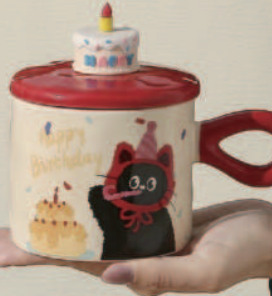 生日猫咪杯 红色 380ml | Mug with Birthday Cake Cat Design Red 380ml